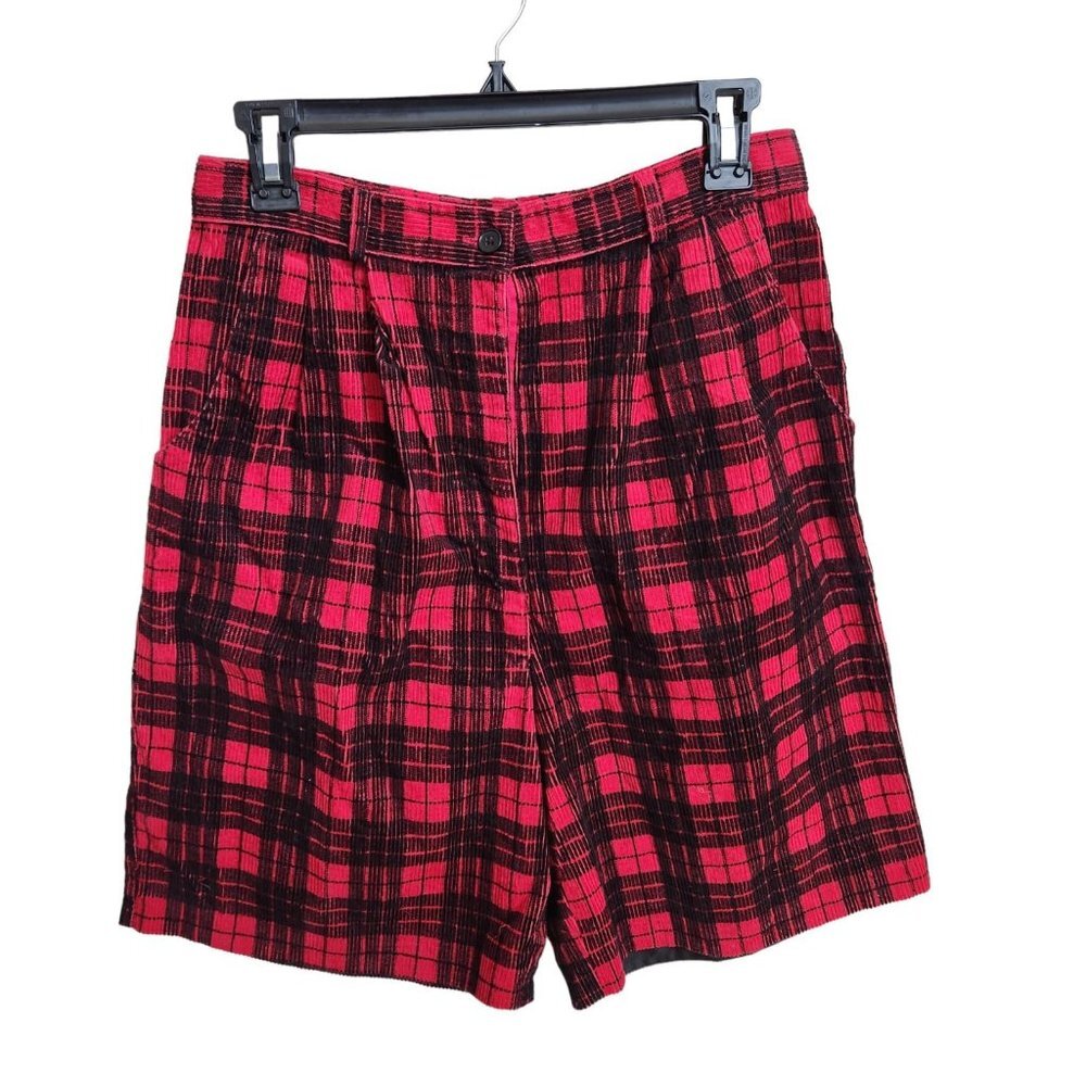 1990s High Waisted Shorts Plaid Red Black Corduroy sz 10 Mom Shorts David Hollis